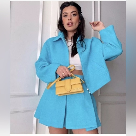 Zara Sky Blue Tweed Block Pleated Mini Skirt skort short size s new - Picture 2 of 7